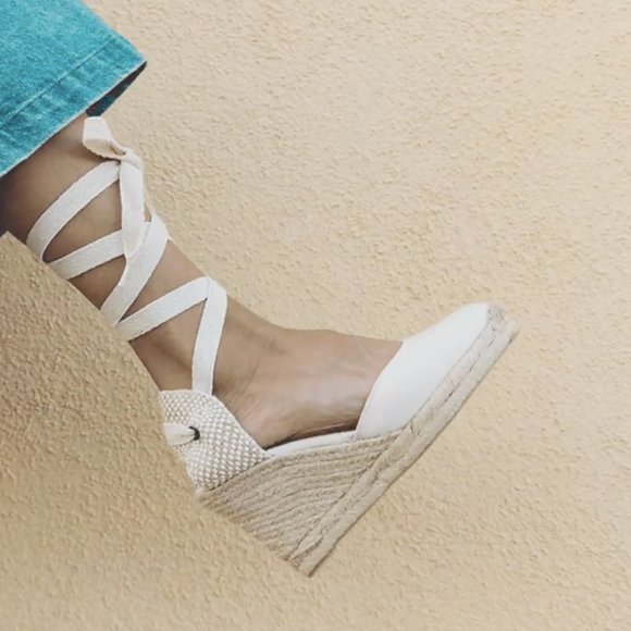 SOLUDOS Cream Linen Wedge Lace Up Espadrille - Picture 5 of 12